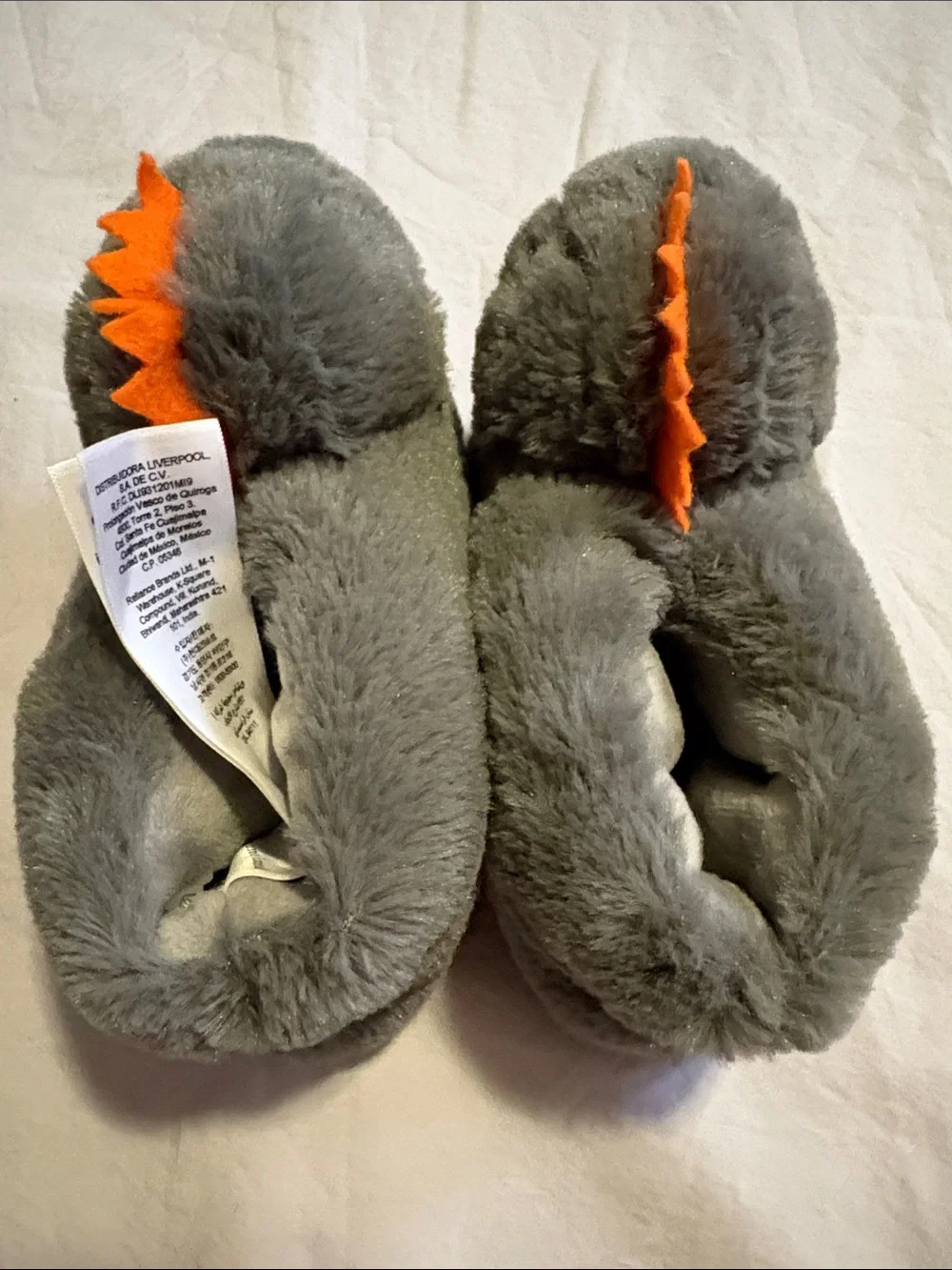 Pottery Barn Kids Plush Shark Slippers in Gray and Orange